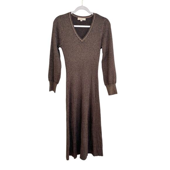 LOFT Gold Black Shimmer Ribbed V-Neck Midi Sweater Dress Blouson Sleeves - Picture 4 of 13